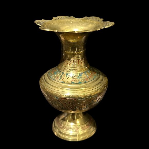 Vintage Etched Brass Vase with Scalloped Rim, Indian Enamel Flower Vase, - Picture 1 of 5
